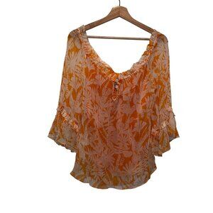 Milly Orange Floral Sheer Ruffle Pullover Tie Neckline Women's Blouse Size 6